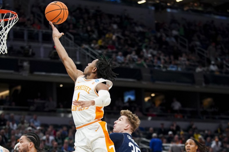 Mar 17, 2022; Indianapolis, IN, USA; Tennessee Volunteers guard Kennedy Chandler (1) drives to the basket against Longwood Lancers forward Jesper Granlund (35) in the first half during the first round of the 2022 NCAA Tournament at Gainbridge Fieldhouse. Mandatory Credit: Robert Goddin-USA TODAY Sports