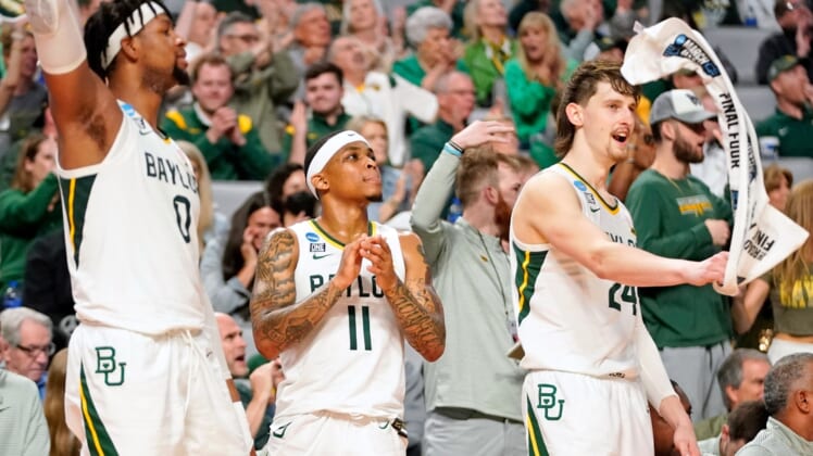 Mar 17, 2022; Fort Worth, TX, USA; Baylor Bears forward Flo Thamba (0) and guard James Akinjo (11) and guard Matthew Mayer (24) reacts after a play against the Norfolk State Spartans during the second half during the first round of the 2022 NCAA Tournament at Dickies Arena. Mandatory Credit: Chris Jones-USA TODAY Sports