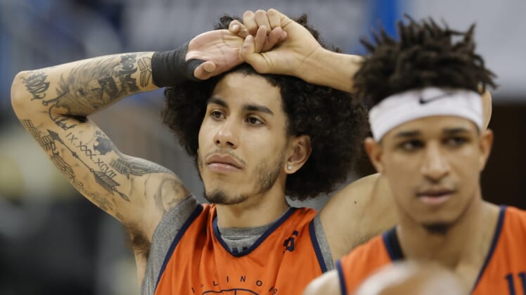 Mar 17, 2022; Pittsburgh, PA, USA; Illinois Fighting Illini guard Andre Curbelo (5) and Fighting Illini guard Alfonso Plummer (11) stand on the court during practice before the first round of the 2022 NCAA Tournament at PPG Paints Arena. Mandatory Credit: Geoff Burke-USA TODAY Sports