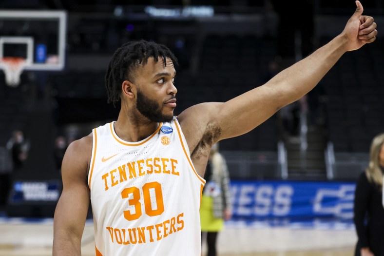 Mar 17, 2022; Indianapolis, IN, USA; Tennessee Volunteers guard Josiah-Jordan James (30) gives a thumbs up after defeating the Longwood Lancers during the first round of the 2022 NCAA Tournament at Gainbridge Fieldhouse. Mandatory Credit: Trevor Ruszkowski-USA TODAY Sports
