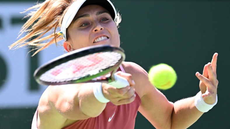 Mar 17, 2022; Indian Wells, CA, USA;  Paula Badosa (ESP) hits a shot as she defeated Veronika Kudermetova (RUS) in her quarterfinal match at the BNP Paribas Open at the Indian Wells Tennis Garden. Mandatory Credit: Jayne Kamin-Oncea-USA TODAY Sports