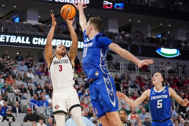 Mar 17, 2022; Fort Worth, TX, USA; Creighton Bluejays center Ryan Kalkbrenner (11) defends against San Diego State Aztecs guard Matt Bradley (3) during the first half in the first round of the 2022 NCAA Tournament at Dickies Arena. Mandatory Credit: Chris Jones-USA TODAY Sports