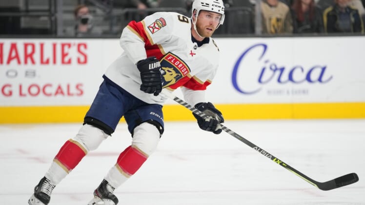 Mar 17, 2022; Las Vegas, Nevada, USA; Florida Panthers center Sam Bennett (9) skates against the Golden Knights during the first period at T-Mobile Arena. Mandatory Credit: Stephen R. Sylvanie-USA TODAY Sports