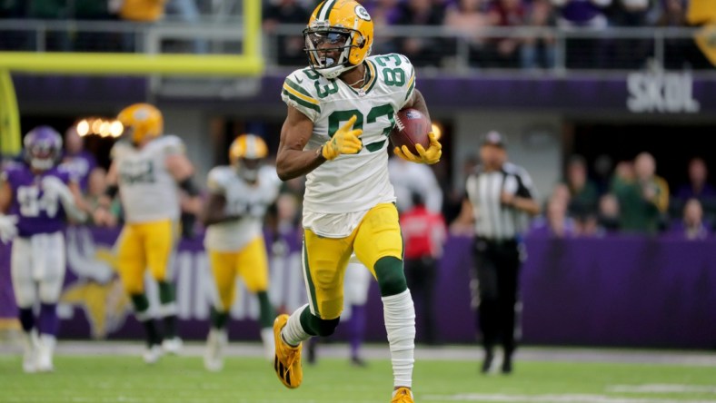 Green Bay Packers wide receiver Marquez Valdes-Scantling (83) scores a touchdown on a 75-yard touchdown during the fourth quarter of their game Sunday, November 21, 2021 at U.S. Bank Stadium in Minneapolis, Minn. The Minnesota Vikings beat the Green Bay Packers 34-31.

Packers22 34