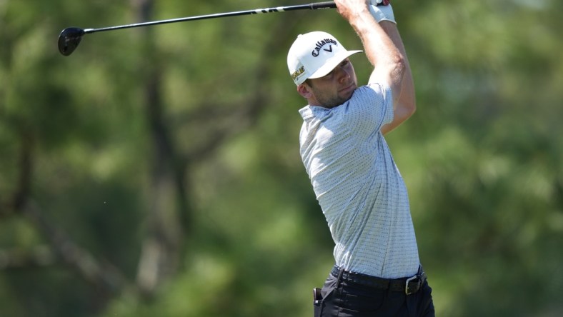 Mar 18, 2022; Palm Harbor, Florida, USA; Sam Burns tees off on the 6th hole during the second round of the Valspar Championship golf tournament. Mandatory Credit: Jasen Vinlove-USA TODAY Sports