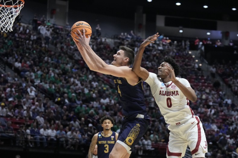 Mar 18, 2022; San Diego, CA, USA; Alabama Crimson Tide forward Noah Gurley (0) defends against Notre Dame Fighting Irish guard Alex Wade (4) in the second half during the first round of the 2022 NCAA Tournament at Viejas Arena. Mandatory Credit: Kirby Lee-USA TODAY Sports