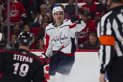 Mar 18, 2022; Raleigh, North Carolina, USA;  Washington Capitals right wing Garnet Hathaway (21) reacts to a penalty call against the Carolina Hurricanes in the third period at PNC Arena. Mandatory Credit: James Guillory-USA TODAY Sports
