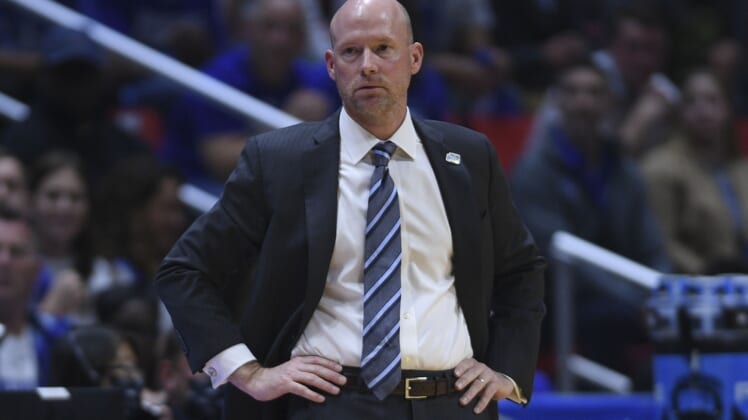 Mar 18, 2022; San Diego, CA, USA; Seton Hall Pirates head coach Kevin Willard looks on against the TCU Horned Frogs during the first half during the first round of the 2022 NCAA Tournament at Viejas Arena. Mandatory Credit: Orlando Ramirez-USA TODAY Sports