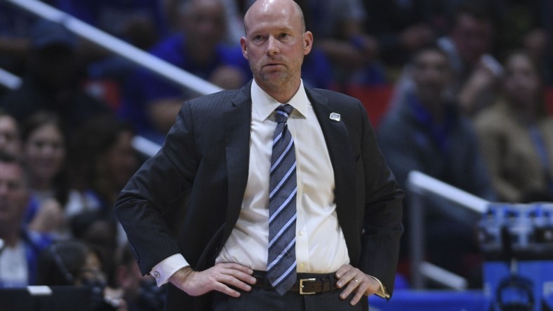 Mar 18, 2022; San Diego, CA, USA; Seton Hall Pirates head coach Kevin Willard looks on against the TCU Horned Frogs during the first half during the first round of the 2022 NCAA Tournament at Viejas Arena. Mandatory Credit: Orlando Ramirez-USA TODAY Sports