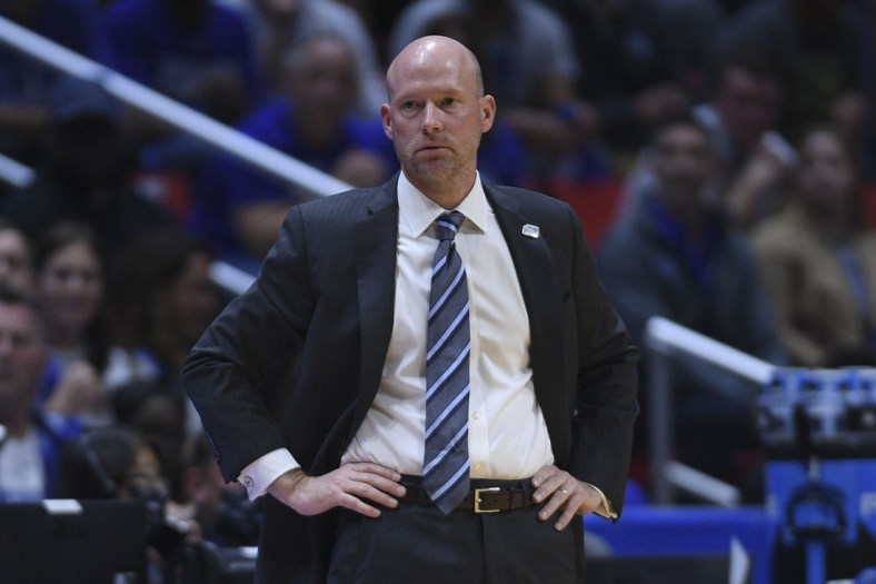 Mar 18, 2022; San Diego, CA, USA; Seton Hall Pirates head coach Kevin Willard looks on against the TCU Horned Frogs during the first half during the first round of the 2022 NCAA Tournament at Viejas Arena. Mandatory Credit: Orlando Ramirez-USA TODAY Sports