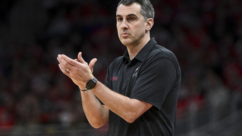 Mar 18, 2022; Milwaukee, WI, USA; Colgate Raiders head coach Matt Langel works the sideline in the game against the Wisconsin Badgers in the second half during the second round of the 2022 NCAA Tournament at Fiserv Forum. Mandatory Credit: Benny Sieu-USA TODAY Sports