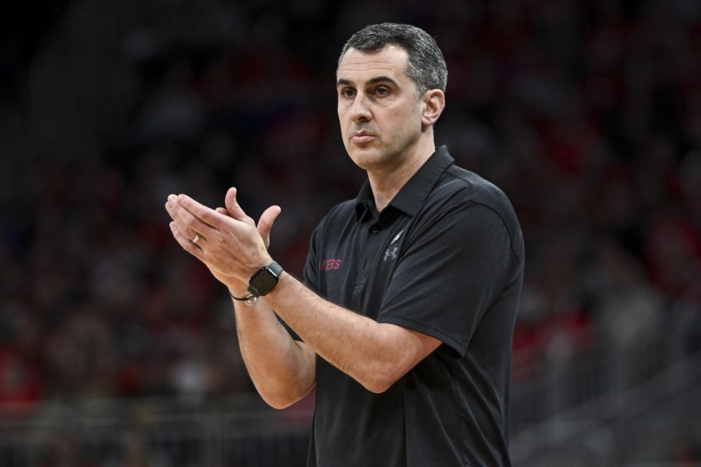 Mar 18, 2022; Milwaukee, WI, USA; Colgate Raiders head coach Matt Langel works the sideline in the game against the Wisconsin Badgers in the second half during the second round of the 2022 NCAA Tournament at Fiserv Forum. Mandatory Credit: Benny Sieu-USA TODAY Sports
