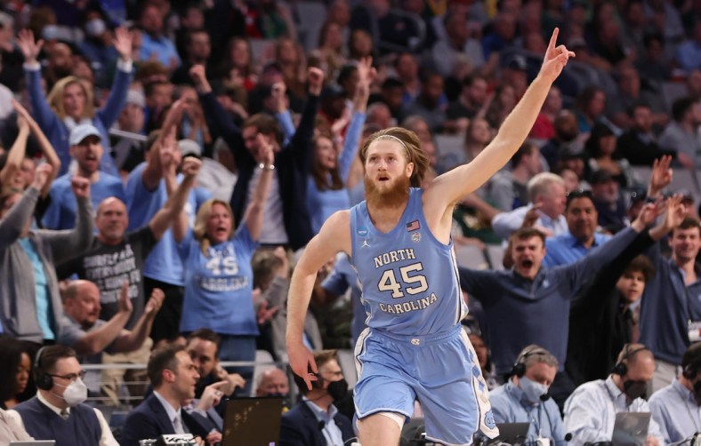 Mar 19, 2022; Fort Worth, TX, USA; North Carolina Tar Heels forward Brady Manek (45) celebrates a basket against the Baylor Bears during the second round of the 2022 NCAA Tournament at Dickies Arena. Mandatory Credit: Kevin Jairaj-USA TODAY Sports