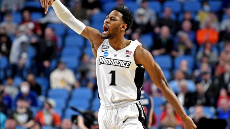 Mar 19, 2022; Buffalo, NY, USA; Providence Friars guard Al Durham (1) reacts during the first half against the Richmond Spiders during the second round of the 2022 NCAA Tournament at KeyBank Center. Mandatory Credit: Mark Konezny-USA TODAY Sports