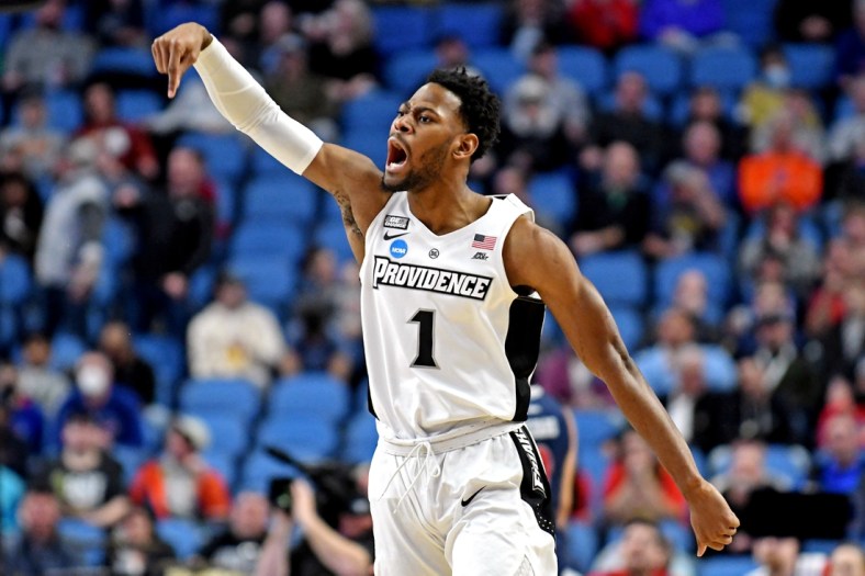 Mar 19, 2022; Buffalo, NY, USA; Providence Friars guard Al Durham (1) reacts during the first half against the Richmond Spiders during the second round of the 2022 NCAA Tournament at KeyBank Center. Mandatory Credit: Mark Konezny-USA TODAY Sports