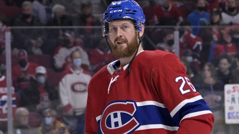 Mar 19, 2022; Montreal, Quebec, CAN; Montreal Canadiens defenseman Jeff Petry (26) skates during the warmup period before the game against the Ottawa Senators at the Bell Centre. Mandatory Credit: Eric Bolte-USA TODAY Sports