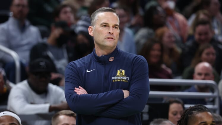 Mar 19, 2022; Indianapolis, IN, USA; Murray State Racers head coach Matt McMahon reacts to a play in the first half against the St. Peter's Peacocks during the second round of the 2022 NCAA Tournament at Gainbridge Fieldhouse. Mandatory Credit: Trevor Ruszkowski-USA TODAY Sports