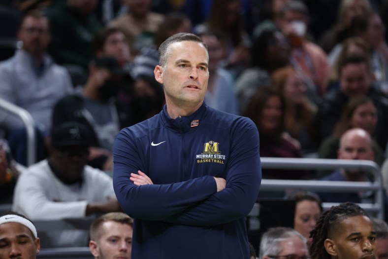 Mar 19, 2022; Indianapolis, IN, USA; Murray State Racers head coach Matt McMahon reacts to a play in the first half against the St. Peter's Peacocks during the second round of the 2022 NCAA Tournament at Gainbridge Fieldhouse. Mandatory Credit: Trevor Ruszkowski-USA TODAY Sports