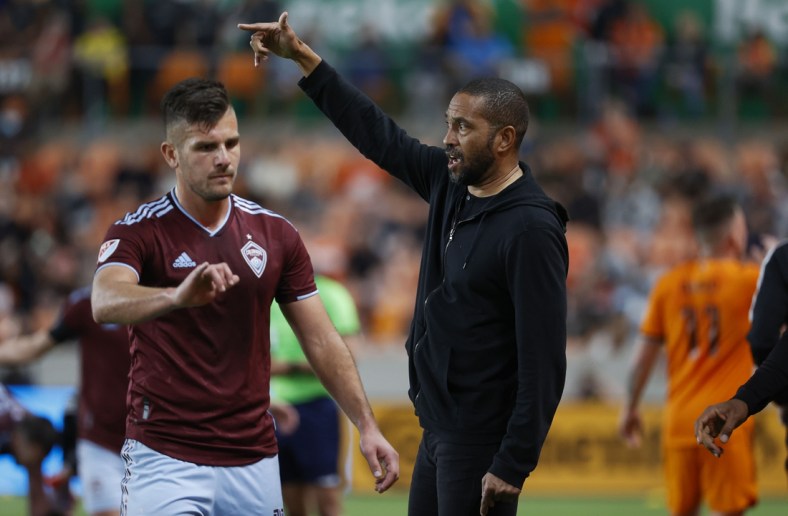 Mar 19, 2022; Houston, Texas, USA; Colorado Rapids head coach Robin Fraser reacts during the second half against the Houston Dynamo FC at PNC Stadium. Mandatory Credit: Troy Taormina-USA TODAY Sports