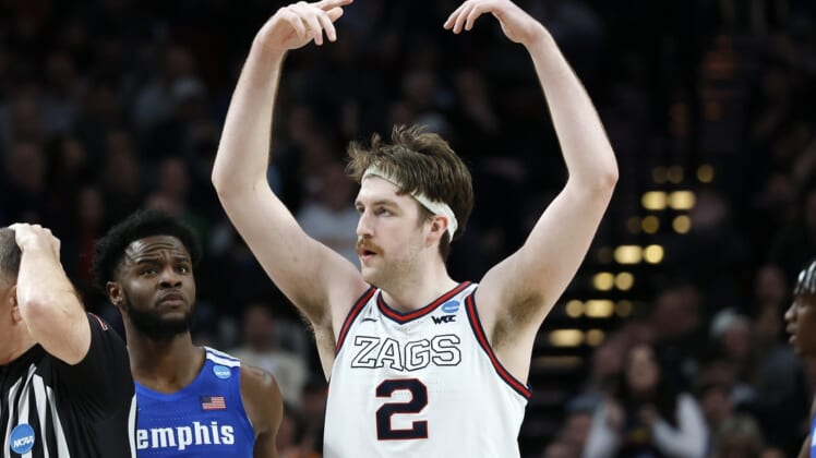 Mar 19, 2022; Portland, OR, USA; Gonzaga Bulldogs forward Drew Timme (2) reacts to a play against Memphis Tigers during the second half in the second round of the 2022 NCAA Tournament at Moda Center. Mandatory Credit: Soobum Im-USA TODAY Sports