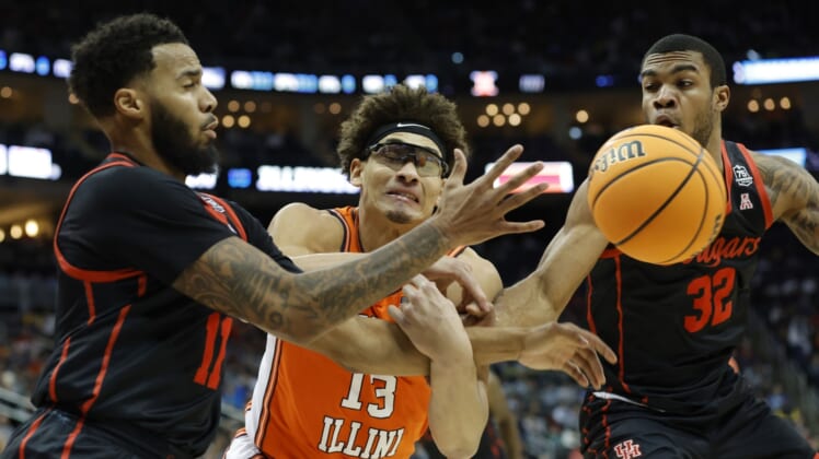 Mar 20, 2022; Pittsburgh, PA, USA; Illinois Fighting Illini forward Benjamin Bosmans-Verdonk (13) attempts to get a rebound against Houston Cougars guard Kyler Edwards (11) and forward Reggie Chaney (32) in the first half during the second round of the 2022 NCAA Tournament at PPG Paints Arena. Mandatory Credit: Geoff Burke-USA TODAY Sports