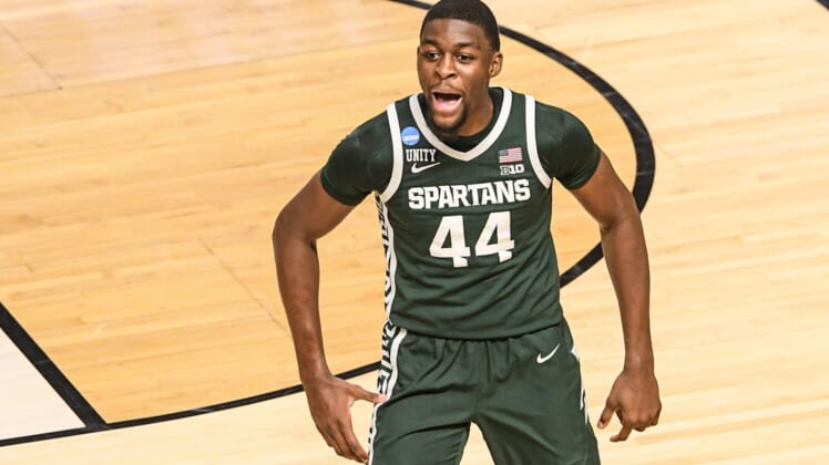 Michigan State University forward Gabe Brown (44) reacts after shooting a three pointer against Duke during the first half of the NCAA Div. 1 Men's Basketball Tournament preliminary round game at Bon Secours Wellness Arena in Greenville, S.C. Sunday, March 20, 2022.Ncaa Men S Basketball Second Round Duke Vs Michigan State