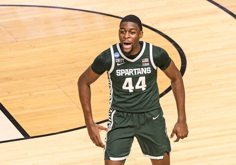 Michigan State University forward Gabe Brown (44) reacts after shooting a three pointer against Duke during the first half of the NCAA Div. 1 Men's Basketball Tournament preliminary round game at Bon Secours Wellness Arena in Greenville, S.C. Sunday, March 20, 2022.

Ncaa Men S Basketball Second Round Duke Vs Michigan State