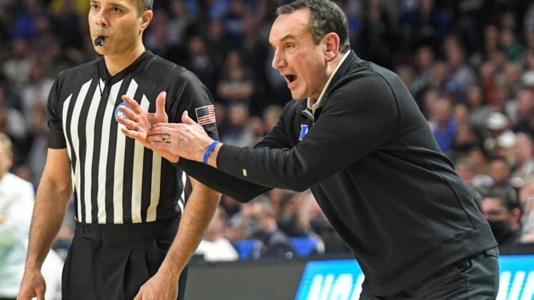 Duke University Head Coach Mike Krzyzewski calls a timeout during the second half of the NCAA Div. 1 Men's Basketball Tournament preliminary round game at Bon Secours Wellness Arena in Greenville, S.C. Sunday, March 20, 2022.Ncaa Men S Basketball Second Round Duke Vs Michigan State