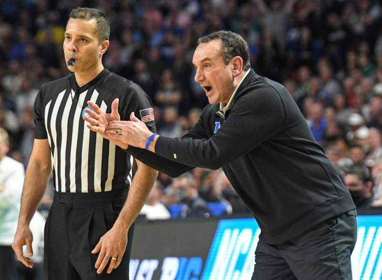 Duke University Head Coach Mike Krzyzewski calls a timeout during the second half of the NCAA Div. 1 Men's Basketball Tournament preliminary round game at Bon Secours Wellness Arena in Greenville, S.C. Sunday, March 20, 2022.

Ncaa Men S Basketball Second Round Duke Vs Michigan State