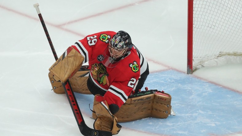 Mar 20, 2022; Chicago, Illinois, USA; Chicago Blackhawks goaltender Marc-Andre Fleury (29) makes a save during the third period against the Winnipeg Jets at the United Center. Mandatory Credit: Dennis Wierzbicki-USA TODAY Sports