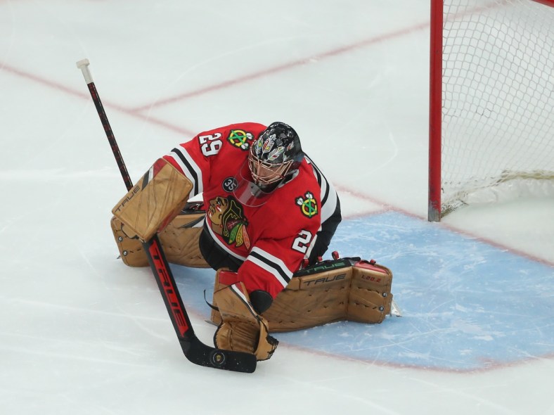 Mar 20, 2022; Chicago, Illinois, USA; Chicago Blackhawks goaltender Marc-Andre Fleury (29) makes a save during the third period against the Winnipeg Jets at the United Center. Mandatory Credit: Dennis Wierzbicki-USA TODAY Sports