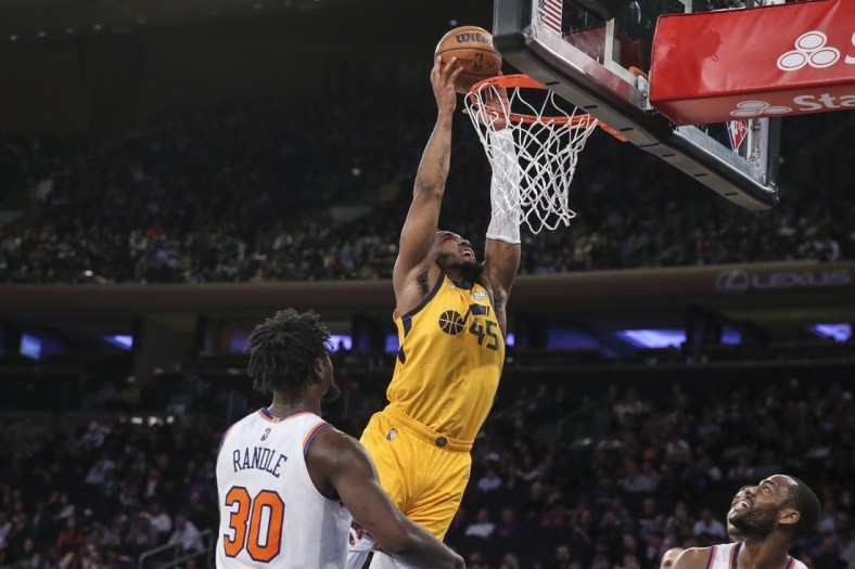 Mar 20, 2022; New York, New York, USA;  Utah Jazz guard Donovan Mitchell (45) goes up for a dunk in the third quarter  against the New York Knicks at Madison Square Garden. Mandatory Credit: Wendell Cruz-USA TODAY Sports