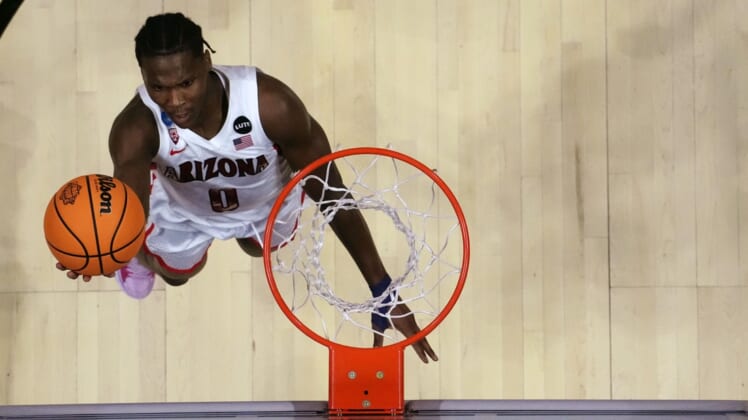 Mar 20, 2022; San Diego, CA, USA; Arizona Wildcats guard Bennedict Mathurin (0) shoots against the TCU Horned Frogs during the second round of the 2022 NCAA Tournament at Viejas Arena. Mandatory Credit: Kirby Lee-USA TODAY Sports