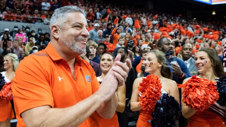 Auburn Tigers head coach Bruce Pearl takes the court as Auburn Tigers men's basketball takes on Kentucky Wildcats at Auburn Arena in Auburn, Ala., on Saturday, Jan. 22, 2022. Kentucky Wildcats lead Auburn Tigers 33-29 at halftime.