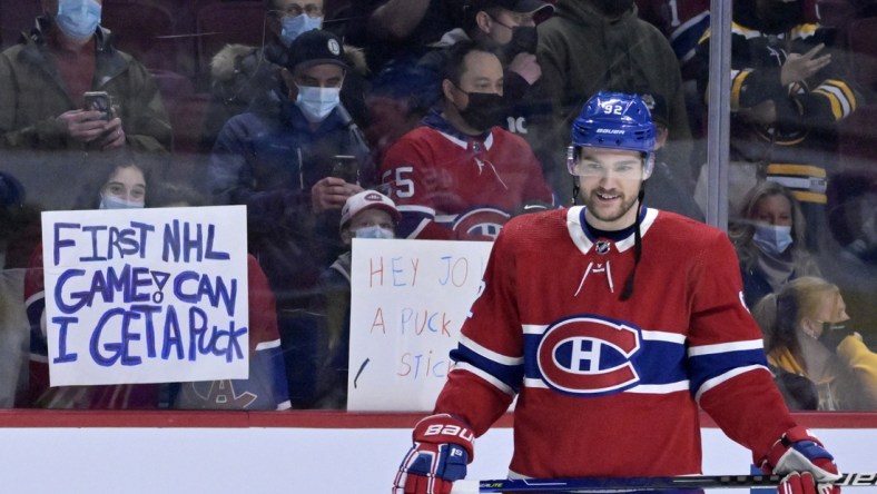 Mar 21, 2022; Montreal, Quebec, CAN; Montreal Canadiens forward Jonathan Drouin (92) skates during the warmup period before the game against the Boston Bruins at the Bell Centre. Mandatory Credit: Eric Bolte-USA TODAY Sports