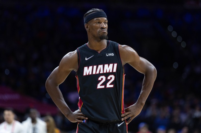 Mar 21, 2022; Philadelphia, Pennsylvania, USA; Miami Heat forward Jimmy Butler (22) looks on during a pause in play in the third quarter against the Philadelphia 76ers at Wells Fargo Center. Mandatory Credit: Bill Streicher-USA TODAY Sports