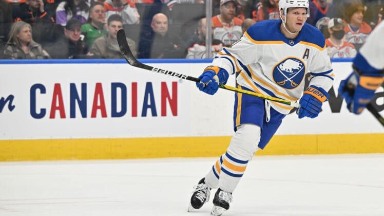 Mar 17, 2022; Edmonton, Alberta, CAN;  Buffalo Sabres right winger Kyle Okposo (21) at Rogers Place. Mandatory Credit: Walter Tychnowicz-USA TODAY Sports