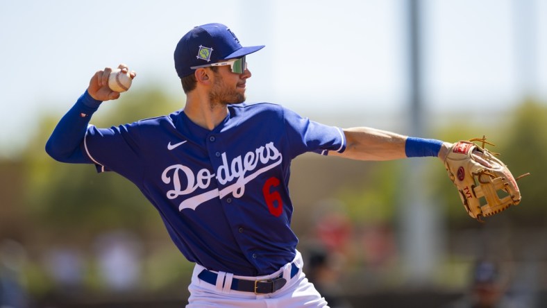 Mar 22, 2022; Phoenix, Arizona, USA; Los Angeles Dodgers third baseman Trea Turner against the Cincinnati Reds during a spring training game at Camelback Ranch-Glendale. Mandatory Credit: Mark J. Rebilas-USA TODAY Sports