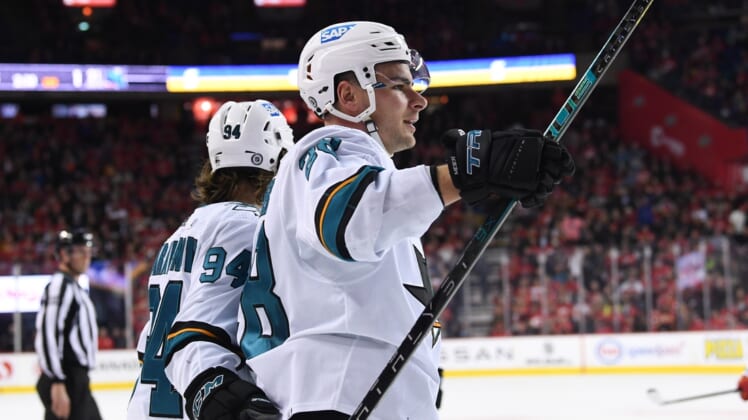 Mar 22, 2022; Calgary, Alberta, CAN; San Jose Sharks forward Timo Meier (28) celebrates his goal against the Calgary Flames in the second period at Scotiabank Saddledome. Mandatory Credit: Candice Ward-USA TODAY Sports