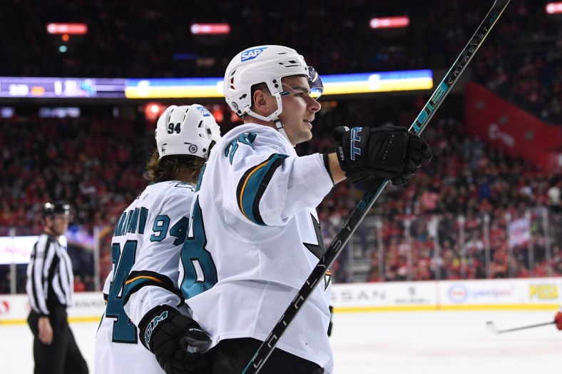 Mar 22, 2022; Calgary, Alberta, CAN; San Jose Sharks forward Timo Meier (28) celebrates his goal against the Calgary Flames in the second period at Scotiabank Saddledome. Mandatory Credit: Candice Ward-USA TODAY Sports