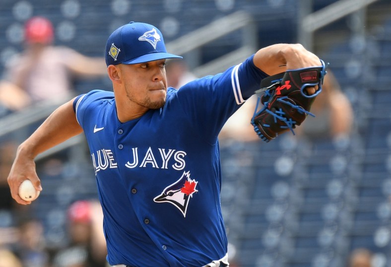 Mar 23, 2022; Clearwater, Florida, USA; Toronto Blue Jays pitcher Jose Berrios (17) throws a pitch in the first inning of the game against the Philadelphia Phillies during spring training at BayCare Ballpark. Mandatory Credit: Jonathan Dyer-USA TODAY Sports