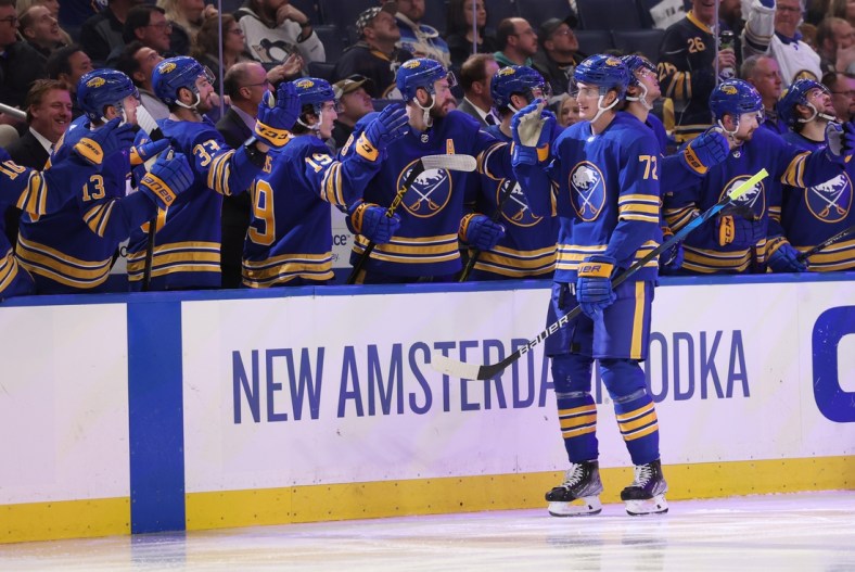 Mar 23, 2022; Buffalo, New York, USA;  Buffalo Sabres right wing Tage Thompson (72) celebrates his second goal of the game with teammates during the third period against the Pittsburgh Penguins at KeyBank Center. Mandatory Credit: Timothy T. Ludwig-USA TODAY Sports