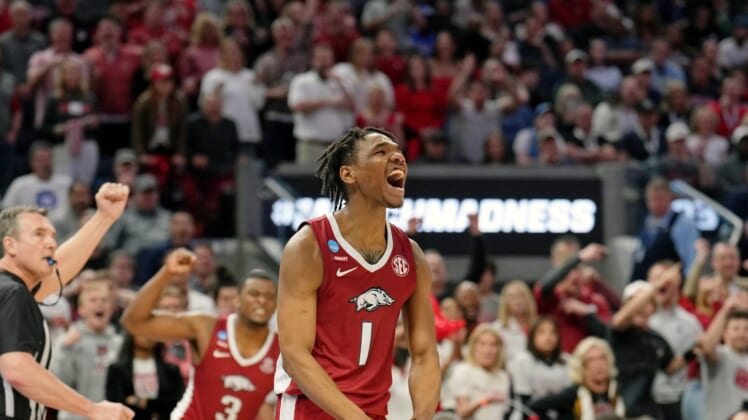 Mar 24, 2022; San Francisco, CA, USA; Arkansas Razorbacks guard JD Notae (1) reacts after a play against the Gonzaga Bulldogs during the second half in the semifinals of the West regional of the men's college basketball NCAA Tournament at Chase Center. The Arkansas Razorbacks won 74-68. Mandatory Credit: Kelley L Cox-USA TODAY Sports
