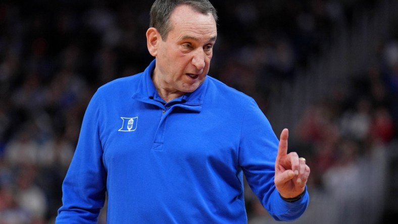 Mar 24, 2022; San Francisco, CA, USA; Duke Blue Devils head coach Mike Krzyzewski reacts after a play against the Texas Tech Red Raiders during the first half in the semifinals of the West regional of the men's college basketball NCAA Tournament at Chase Center. Mandatory Credit: Kelley L Cox-USA TODAY Sports