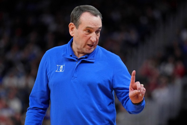 Mar 24, 2022; San Francisco, CA, USA; Duke Blue Devils head coach Mike Krzyzewski reacts after a play against the Texas Tech Red Raiders during the first half in the semifinals of the West regional of the men's college basketball NCAA Tournament at Chase Center. Mandatory Credit: Kelley L Cox-USA TODAY Sports