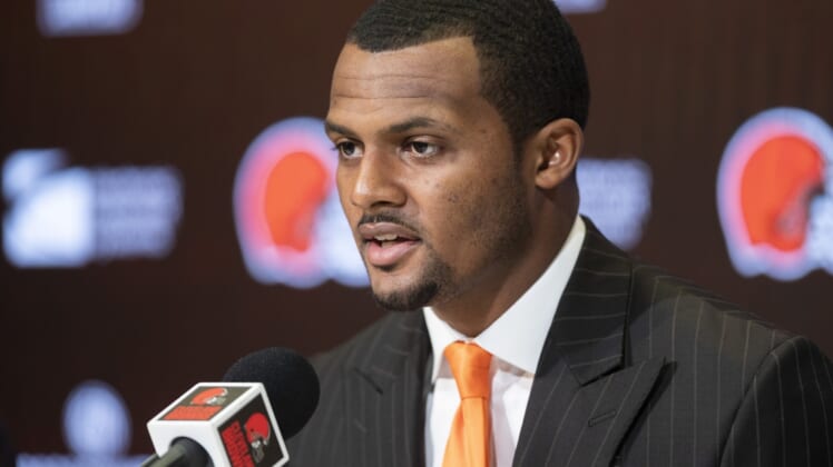 Mar 25, 2022; Berea, OH, USA;  Cleveland Browns quarterback Deshaun Watson talks with the media during a press conference at the CrossCountry Mortgage Campus. Mandatory Credit: Ken Blaze-USA TODAY Sports