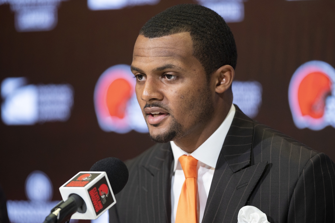 Mar 25, 2022; Berea, OH, USA;  Cleveland Browns quarterback Deshaun Watson talks with the media during a press conference at the CrossCountry Mortgage Campus. Mandatory Credit: Ken Blaze-USA TODAY Sports