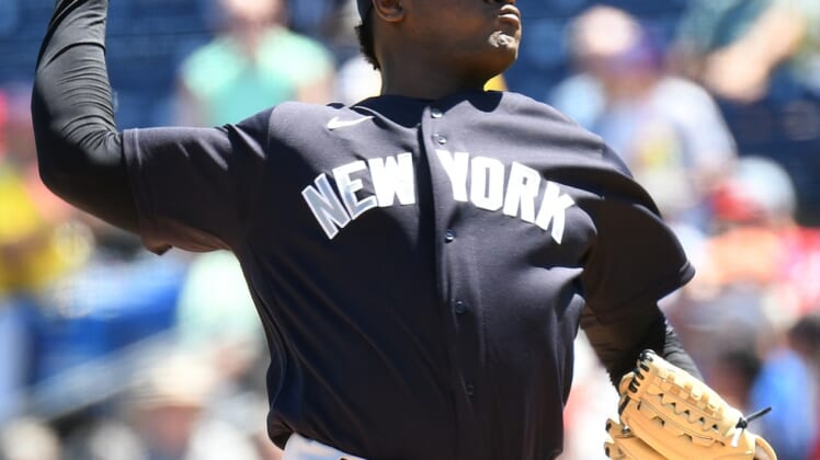 Mar 25, 2022; Clearwater, Florida, USA; New York Yankees pitcher Luis Severino (40) throws a pitch in the first inning against the Philadelphia Phillies during spring training at BayCare Ballpark. Mandatory Credit: Jonathan Dyer-USA TODAY Sports