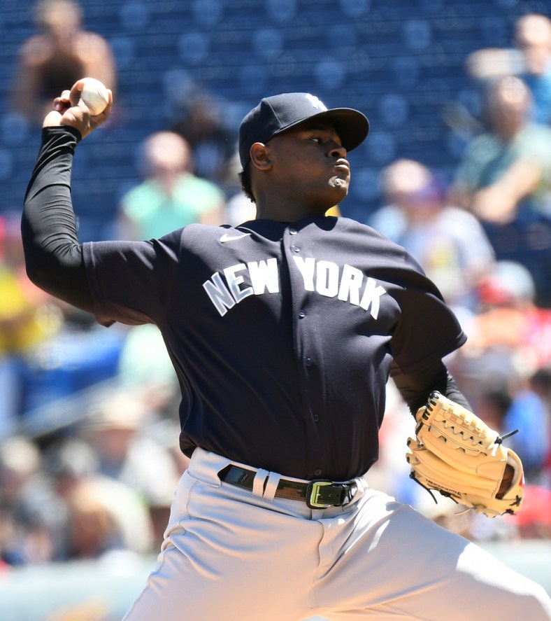 Mar 25, 2022; Clearwater, Florida, USA; New York Yankees pitcher Luis Severino (40) throws a pitch in the first inning against the Philadelphia Phillies during spring training at BayCare Ballpark. Mandatory Credit: Jonathan Dyer-USA TODAY Sports