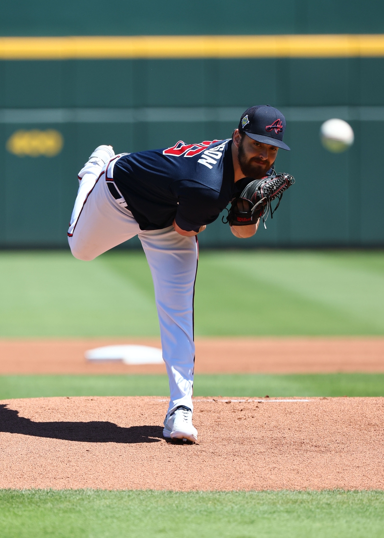 Mar 25, 2022; North Port, Florida, USA;  Atlanta Braves starting pitcher Ian Anderson (39) throws a pitch against the Boston Red Sox during spring training at CoolToday Park. Mandatory Credit: Kim Klement-USA TODAY Sports